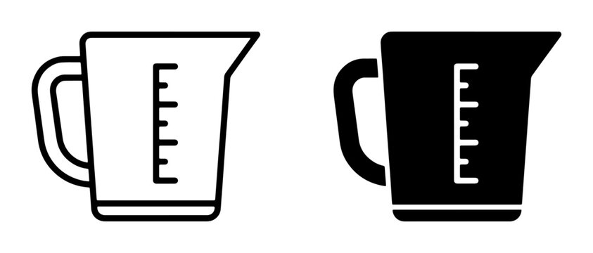 Measuring cup icons set with linear scale for cooking and science, black and white