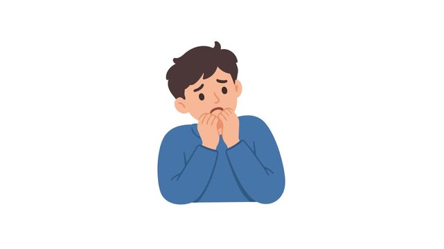 Anxiety animated worried man biting fingernails in fear 4K white background