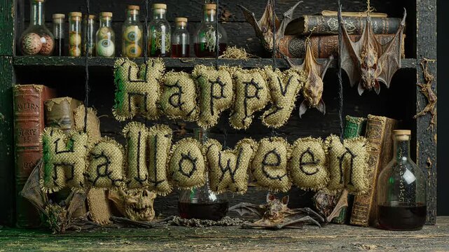 Happy Halloween burlap banner hanging on a witch apothecary wooden shelf with glass potion bottles, old spell books and skull props, spooky holiday motion background video.
