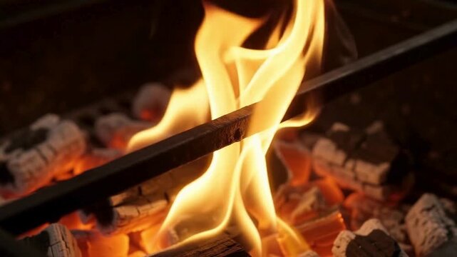 A metal rod being heated in a vibrant fire with glowing coals illustrating the intense heat of blacksmithing and forging