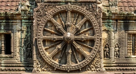 Obraz premium Intricate stone wheel carved into an ancient temple wall, showcasing detailed craftsmanship, radial spokes, and weathered architectural art, decorative, vintage, circle