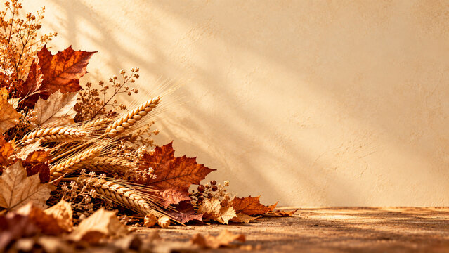 Autumn leaves and wheat ears arrangement on rustic wooden table with warm light background