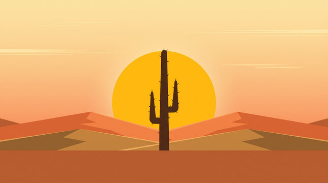 Desert landscape vector background with cactus at sunset