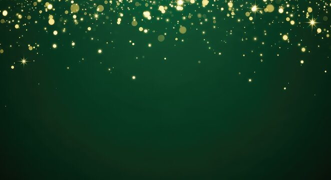 Luxurious deep green background featuring shimmering gold glitter bokeh lights and elegant festive sparkles with ample central copy space, glow, design, ornate