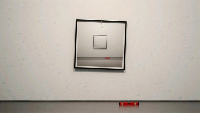 Tilted framed photograph on textured wall with level tool