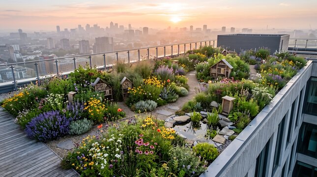 Ecological Rooftop Garden with Insect Hotels and Diverse Flora in Urban Environment