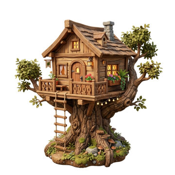 Fantasy wooden treehouse isolated on white background