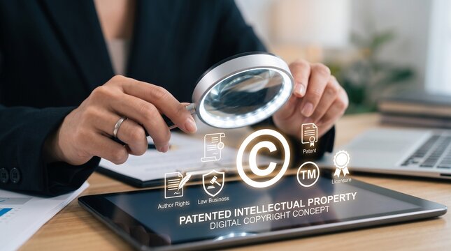 Intellectual Property Concept With Magnifying Glass Over Digital Icons