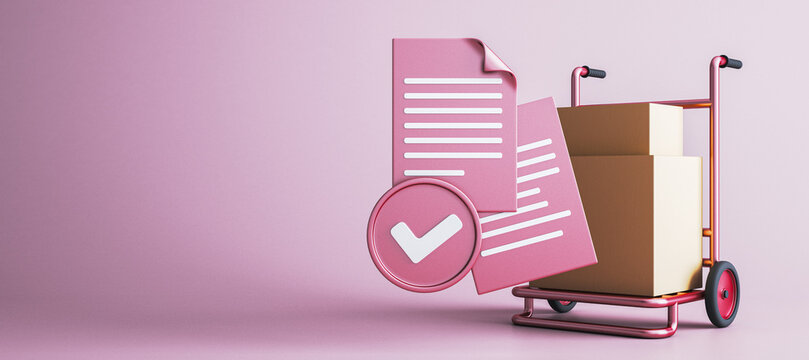 Pink delivery cart with checked documents and parcels for verified logistics service, ecommerce fulfillment, business approval, and secure shipping concept. 3D Rendering