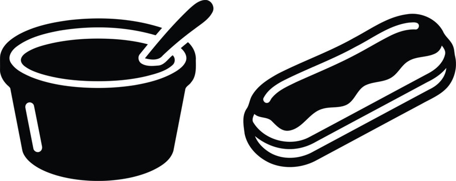 Black and white icon of a small bowl with a spoon and a sweet pastry eclair