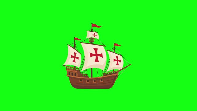 Columbus ship animated sailing caravel vessel 4k green screen background.
