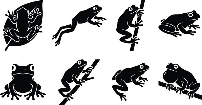 Black frog set silhouettes shown jumping climbing and perched on a leaf