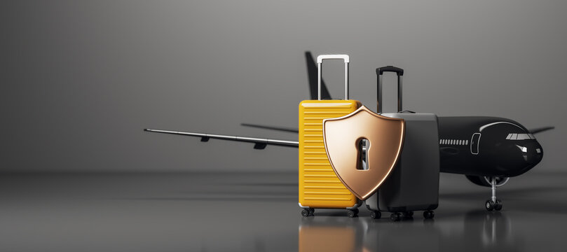 Travel insurance concept with secure luggage, protective shield, and airplane for safe business trip planning and baggage coverage. 3D Rendering