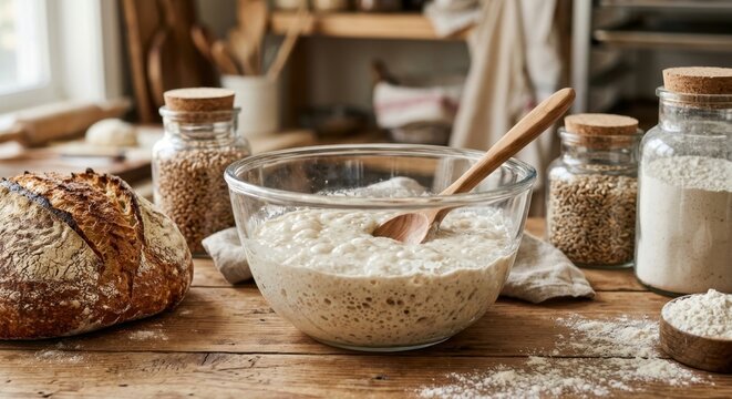 Bubbling Active Sourdough Starter in Glass Bowl with Wooden Spoon and Fresh Crusty Bread Loaf on Rustic Wooden Kitchen Table, Homemade Artisanal Baking Process with Flour and Grains.