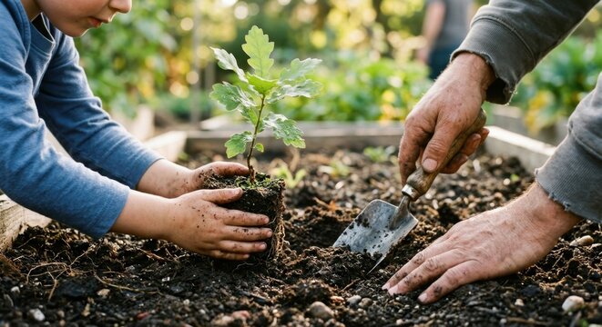 Close up of a young child and an adult working together to plant a small green oak tree sapling in a garden bed, focusing on dirty hands and a metal trowel in the soil on a sunny day.