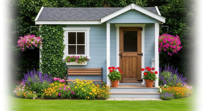 A charming pale blue garden shed features a welcoming front porch, surrounded by lush green foliage and colorful seasonal flowers in bloom, veranda, outbuilding, tranquil