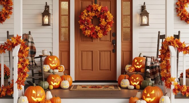 A charming front porch entrance decorated for autumn and Halloween featuring orange pumpkins, a rustic leaf wreath, and vintage lanterns, cozy, nature, evening