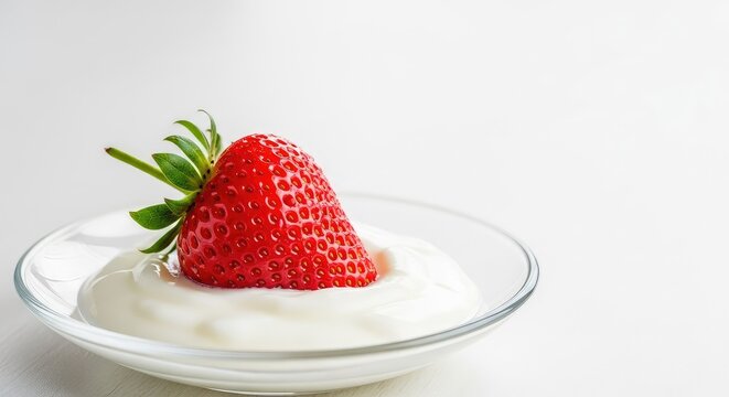 A close-up shot of a fresh red strawberry resting on a smooth layer of creamy white yogurt served in a clear glass saucer on a table, ripe, kitchen, close-up