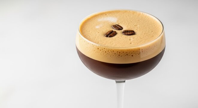 A chilled espresso coffee cocktail in an elegant glass, showing a thick layer of creamy foam topped with three roasted coffee beans, lounge, roasted, alcohol