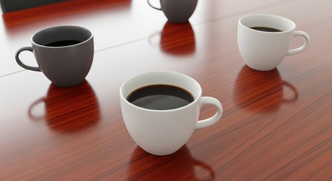 A close-up view of several ceramic coffee cups arranged on a polished wood conference table during a high-stakes corporate business meeting, cup, collaboration, workspace