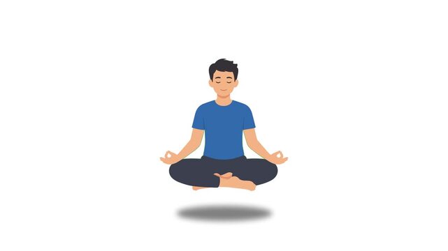 Meditation animated young man levitating in lotus pose 4k white background
