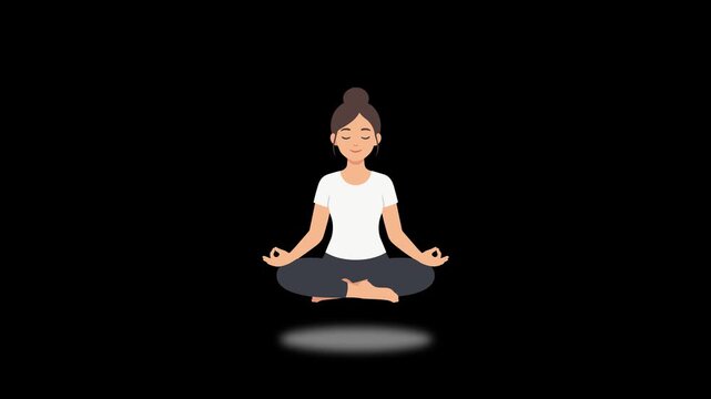 Meditation animated floating woman levitating in zen yoga pose loop 4k black background