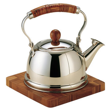 Stainless steel tea kettle on a wooden trivet with sits square wooden on transparent background