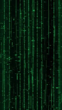 Classic green matrix digital rain and cascading computer code streaming on black background, vertical video asset