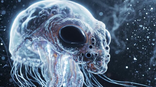 Bioluminescent deep sea alien organism with translucent body