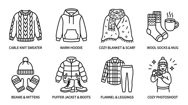 Black and white icons of winter clothing and outdoor gear essentials.