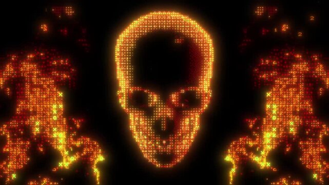 Glowing ASCII skull between burning digital code fire columns
