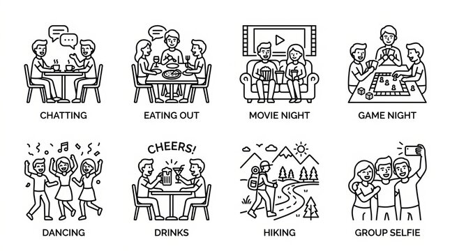 Illustrated icons depicting various social group activities and nightlife scenes.