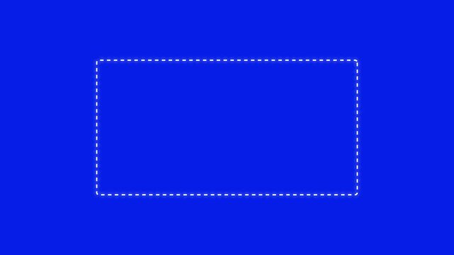 Dotted line rectangle frame animation on blue background. Animation of a dotted line path from left to right point. border frame dotted line animation isolated on black screen 4k video alpha chanle