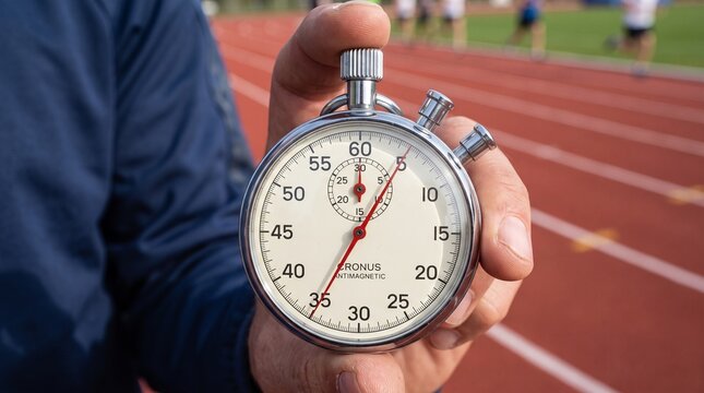 Close up of a stopwatch held by a person on a running track with blurred runners in the background