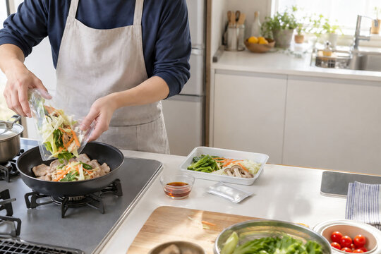 ミールキットの野菜をフライパンに入れて夕食を手早く作る日本人男性の時短調理イメージ