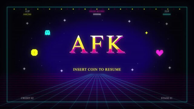 Synthwave AFK Gaming Screen Loop, Neon Perspective Grid with Retro 8-Bit Arcade HUD and Blinking Insert Coin