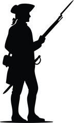 Fototapeta premium Revolutionary soldier holding a musket stands proudly in historical military uniform during wartime conflict.