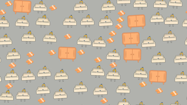 Bathroom pattern with sinks, cabinets, and slippers