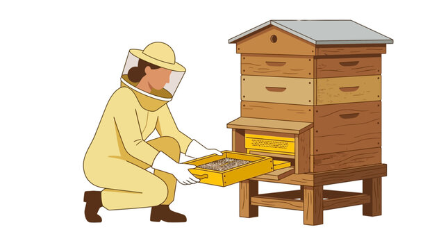 Beekeeper Inspecting Honeybee Hive with Wooden Langstroth Boxes