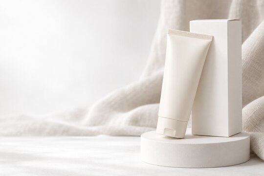 Blank cosmetics tube and box on podium mockup