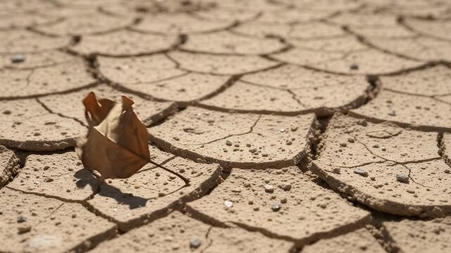 A single dry fallen leaf lies on parched cracked earth representing drought desertification and the impacts of climate change
