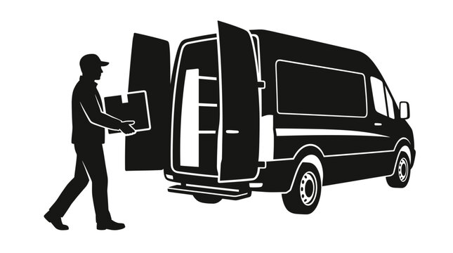 Courier loading delivery box package into open back of cargo van white background
