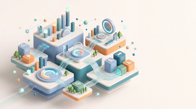 Data analytics and business intelligence isometric illustration. Featuring data charts, growth metrics, network connections, and dashboard interfaces. Modern 3D digital visualization for technology pr