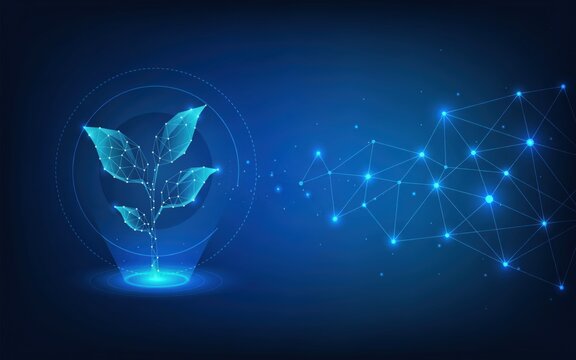 Digital plant growth futuristic tech background, glowing blue cyber agritech art