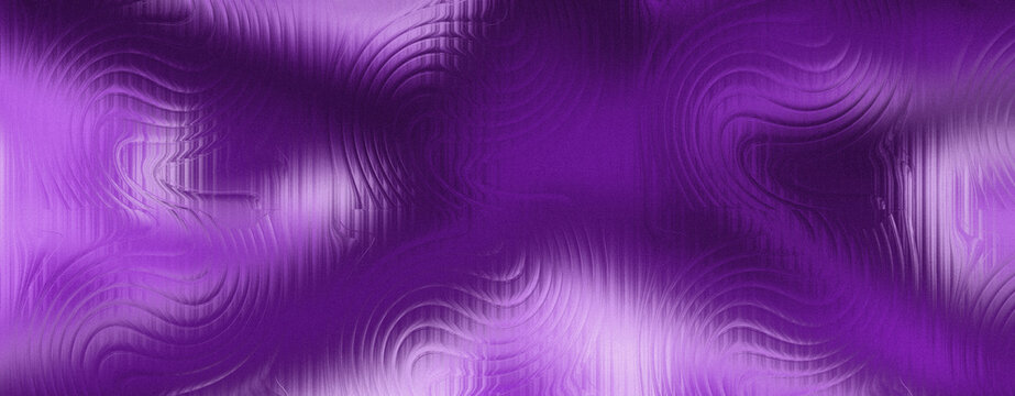 Abstract dark purple background with embossed glass texture and wavy swirl topographic pattern in neon violet