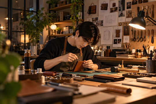 Artisan Hand Stitching Leather in a Traditional Craft Workshop