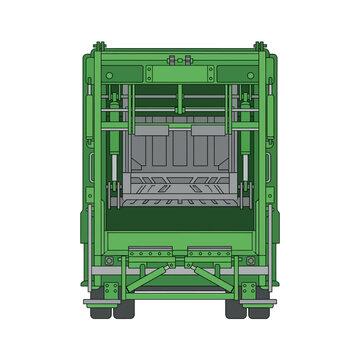 Rear view vector illustration of a green garbage truck and waste collector vehicle, featuring detailed hydraulic pistons, trash compactor mechanism, and heavy duty refuse disposal equipment.