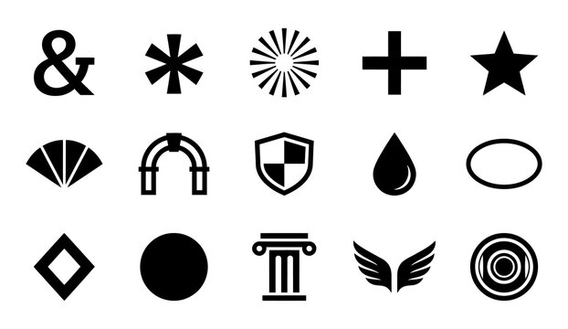 Set of black geometric icons and graphic symbols on white background