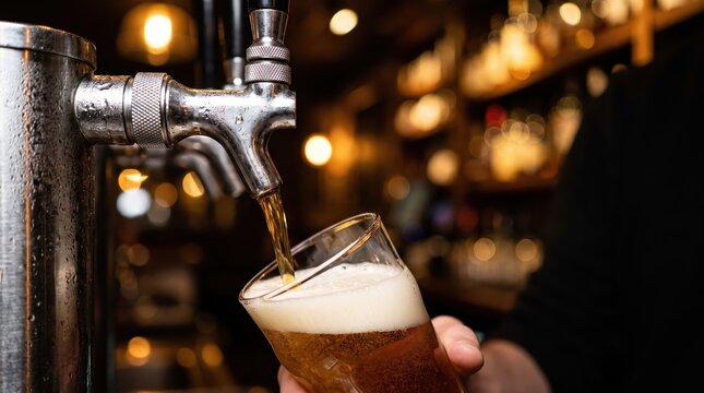 Close up view of cold golden beer being poured into a glass with rich white foam in a pub.