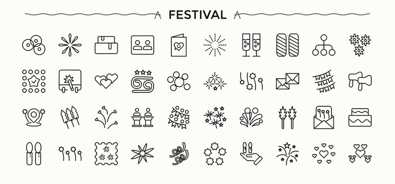Festival line icon set. Outline symbol collection. Vector illustration. Firework icon set. Contains such icons as holiday, firework, event, party and more.